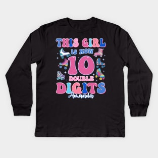 Double Digits 10 Birthday Tee Roller Birthday Tee Custom Birthday Girl Gift Rollin' into 10 Kids Long Sleeve T-Shirt